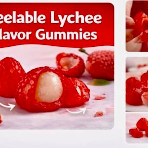 A 65g bag of Daffy’s Peel Me Lychee Gummy Candy, featuring white and pink peelable halal-certified fruit gummies.