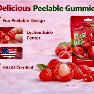 A 65g bag of Daffy’s Peel Me Lychee Gummy Candy, featuring white and pink peelable halal-certified fruit gummies.
