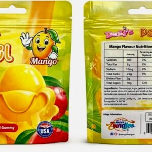 A 65g yellow bag of Daffy’s Peel Me Mango Gummy Candy, showing vibrant, peelable, halal-certified authentic mango-flavored gummies made with real fruit juice.