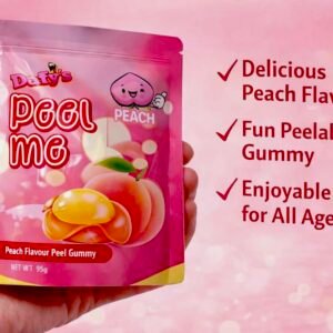 A 65g orange bag of Daffy’s Peel Me Peach Gummy Candy, featuring soft, peelable, halal-certified peach-flavored gummies.