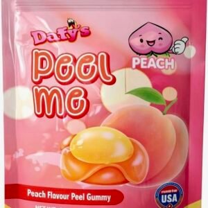A 65g orange bag of Daffy’s Peel Me Peach Gummy Candy, featuring soft, peelable, halal-certified peach-flavored gummies.