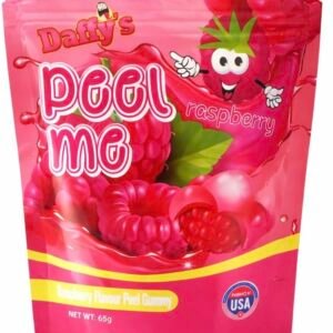 A 65g pink bag of Daffy’s Peel Me Raspberry Gummy Candy, showing soft, peelable, and halal-certified raspberry-flavored gummies.