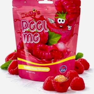 A 65g pink bag of Daffy’s Peel Me Raspberry Gummy Candy, showing soft, peelable, and halal-certified raspberry-flavored gummies.