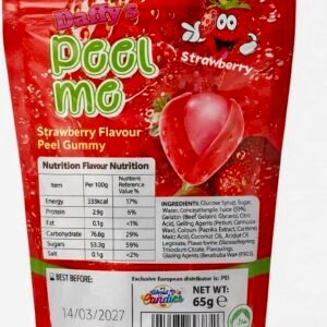 A 65g pack of Daffy’s Peel Me Strawberry Gummy Candy, showing the red peelable fruit gummies made with real juice.