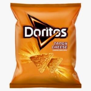 A wholesale box containing 32 individual orange bags of Doritos Tangy Cheese flavored corn tortilla chips.