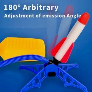 A colorful foam rocket launcher set featuring a foot-powered pump, launch tube, and soft-tipped PE foam rockets in mixed colors.