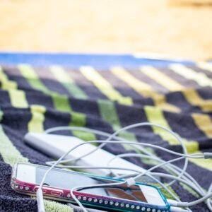 summer, vacations, beach, rest, ipod, headphones, iphone, beach towel, nature, sea, sand, travel, relaxation, holidays, leisure, relax, music, power bank