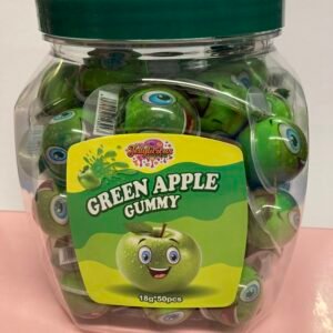 A 50-piece display box of individually wrapped 18g Green Apple Jelly Filled Gummies with a green chewy shell and juicy center.