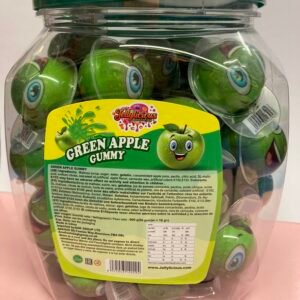 A 50-piece display box of individually wrapped 18g Green Apple Jelly Filled Gummies with a green chewy shell and juicy center.