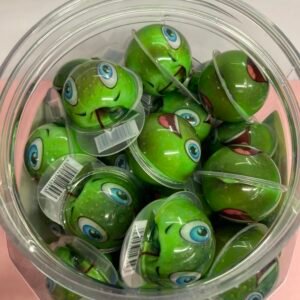 A 50-piece display box of individually wrapped 18g Green Apple Jelly Filled Gummies with a green chewy shell and juicy center.