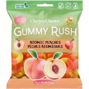 A 90g bag of Gummy Rush Atomic Peaches featuring orange and red peach-shaped Halal-certified gummy candies.