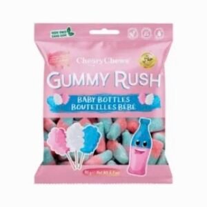 A 90g bag of Gummy Rush Baby Bottle sweets featuring colorful, bottle-shaped Halal-certified gummies.