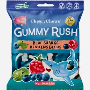 A 90g bag of Gummy Rush Blue Sharks featuring blue and white shark-shaped Halal-certified gummy candies.