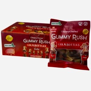 A 90g bag of Gummy Rush Cola Bottle sweets featuring brown and clear bottle-shaped halal-certified gummies.