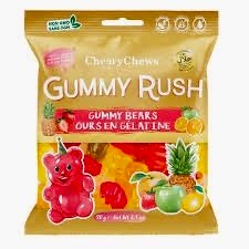 A 90g bag of Gummy Rush Gummy Bears featuring colorful, bear-shaped Halal-certified fruit gummies.