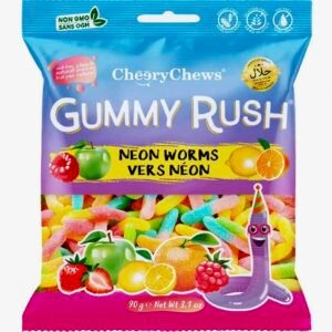 A 90g bag of Gummy Rush Neon Worms featuring colorful, worm-shaped Halal-certified cherry gummy candies.