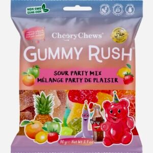 A 90g bag of Gummy Rush Sour Party Mix featuring various sugar-coated, sour, Halal-certified gummy shapes and colors.