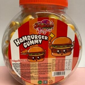A bulk display of 50 individually wrapped 10g halal Hamburger Gummy Candies featuring layered gummy buns, lettuce, and patties.