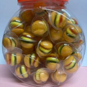 A bulk display of 50 individually wrapped 10g halal Hamburger Gummy Candies featuring layered gummy buns, lettuce, and patties.