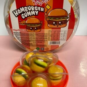 A bulk display of 50 individually wrapped 10g halal Hamburger Gummy Candies featuring layered gummy buns, lettuce, and patties.