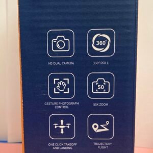 The side panel of a blue drone retail box showing icons for HD dual camera, 360-degree roll, gesture photograph control, 50x zoom, one-click takeoff and landing, and trajectory flight.