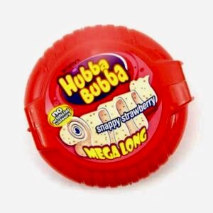 Red circular pack of Hubba Bubba Snappy Strawberry 1.8m mega long bubblegum tape dispenser