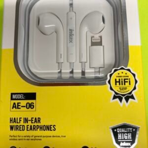 White Inkax AE-06 half in-ear earphones with a Lightning connector and integrated volume and call controller.