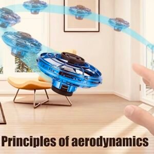 A disc-shaped LED flying UFO spinner with fingertip induction control, performing a hovering gyro flight with neon light effects.