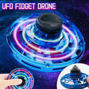 A disc-shaped LED flying UFO spinner with fingertip induction control, performing a hovering gyro flight with neon light effects.