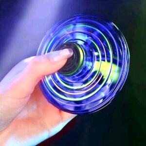 A disc-shaped LED flying UFO spinner with fingertip induction control, performing a hovering gyro flight with neon light effects.
