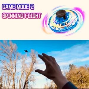 A disc-shaped LED flying UFO spinner with fingertip induction control, performing a hovering gyro flight with neon light effects.