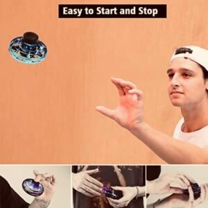 A disc-shaped LED flying UFO spinner with fingertip induction control, performing a hovering gyro flight with neon light effects.