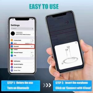 White wired in-ear earphones with a Lightning connector, built-in microphone, and in-line remote control compatible with iPhone models.