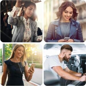 White wired in-ear earphones with a Lightning connector, built-in microphone, and in-line remote control compatible with iPhone models.