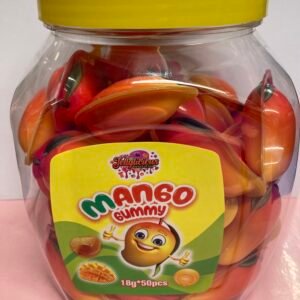 A 50-piece display box of individually wrapped halal 18g Mango Jelly Filled Gummies with a vibrant yellow chewy exterior and liquid fruit center.