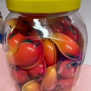 A 50-piece display box of individually wrapped halal 18g Mango Jelly Filled Gummies with a vibrant yellow chewy exterior and liquid fruit center.