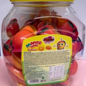 A 50-piece display box of individually wrapped halal 18g Mango Jelly Filled Gummies with a vibrant yellow chewy exterior and liquid fruit center.