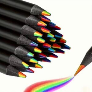 A set of rainbow-colored pencils showing the 7-color blended lead and an included manual pencil sharpener.