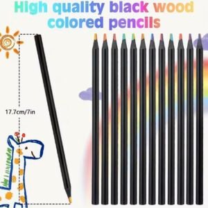 A set of rainbow-colored pencils showing the 7-color blended lead and an included manual pencil sharpener.