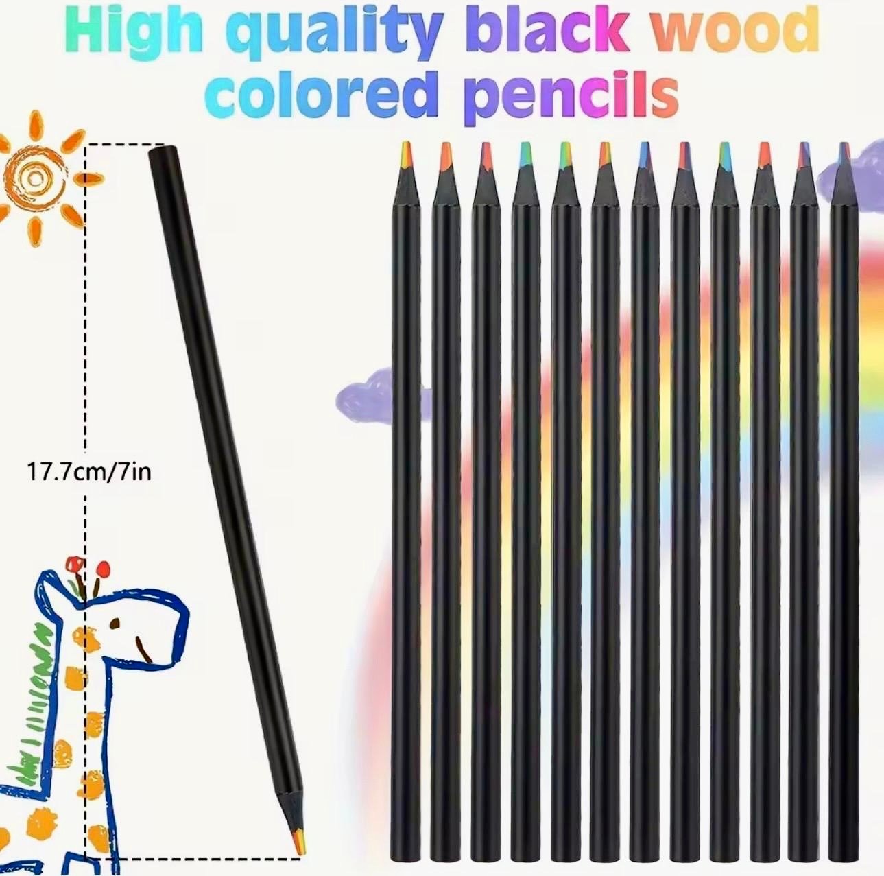 A set of rainbow-colored pencils showing the 7-color blended lead and an included manual pencil sharpener.