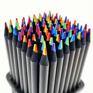 A set of rainbow-colored pencils showing the 7-color blended lead and an included manual pencil sharpener.