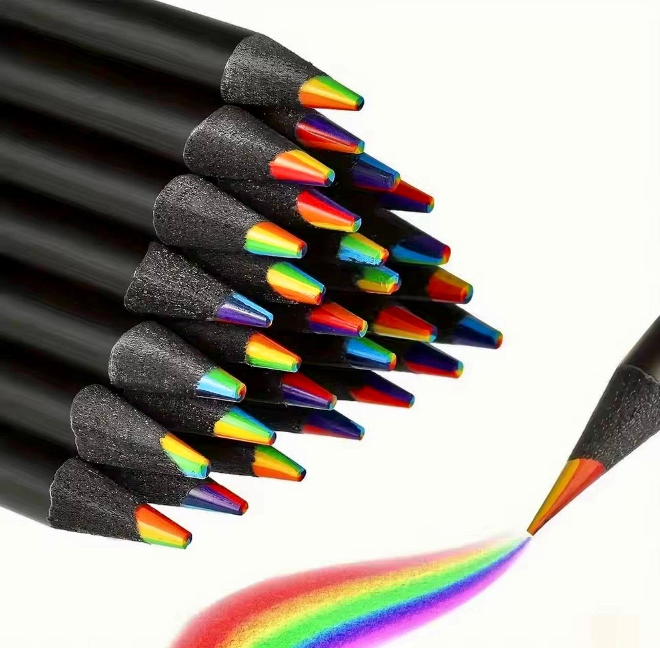 A set of rainbow-colored pencils showing the 7-color blended lead and an included manual pencil sharpener.
