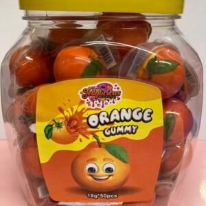 A bulk collection of 50 individually wrapped halal 18g Orange Jelly Filled Gummies with a bright orange chewy exterior and zesty liquid center.