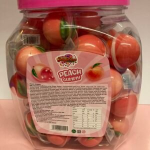 A 50-piece display box of individually wrapped 18g Peach Jelly Filled Gummies with an orange-pink chewy shell and liquid fruit center.