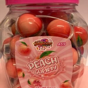A 50-piece display box of individually wrapped 18g Peach Jelly Filled Gummies with an orange-pink chewy shell and liquid fruit center.