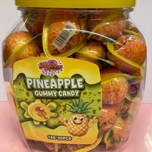 A bulk display of 50 individually wrapped 18g Pineapple Jelly Filled Gummies with a yellow chewy shell and juicy tropical center.