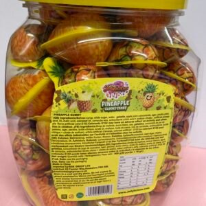 A bulk display of 50 individually wrapped 18g Pineapple Jelly Filled Gummies with a yellow chewy shell and juicy tropical center.