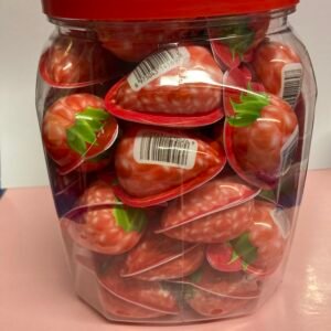 A bulk container of 50 individually wrapped halal 18g Raspberry Jelly Filled Gummies with a pink chewy exterior and liquid fruit center.