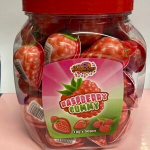 A bulk container of 50 individually wrapped halal 18g Raspberry Jelly Filled Gummies with a pink chewy exterior and liquid fruit center.