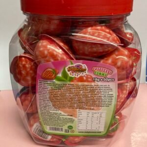 A bulk container of 50 individually wrapped halal 18g Raspberry Jelly Filled Gummies with a pink chewy exterior and liquid fruit center.